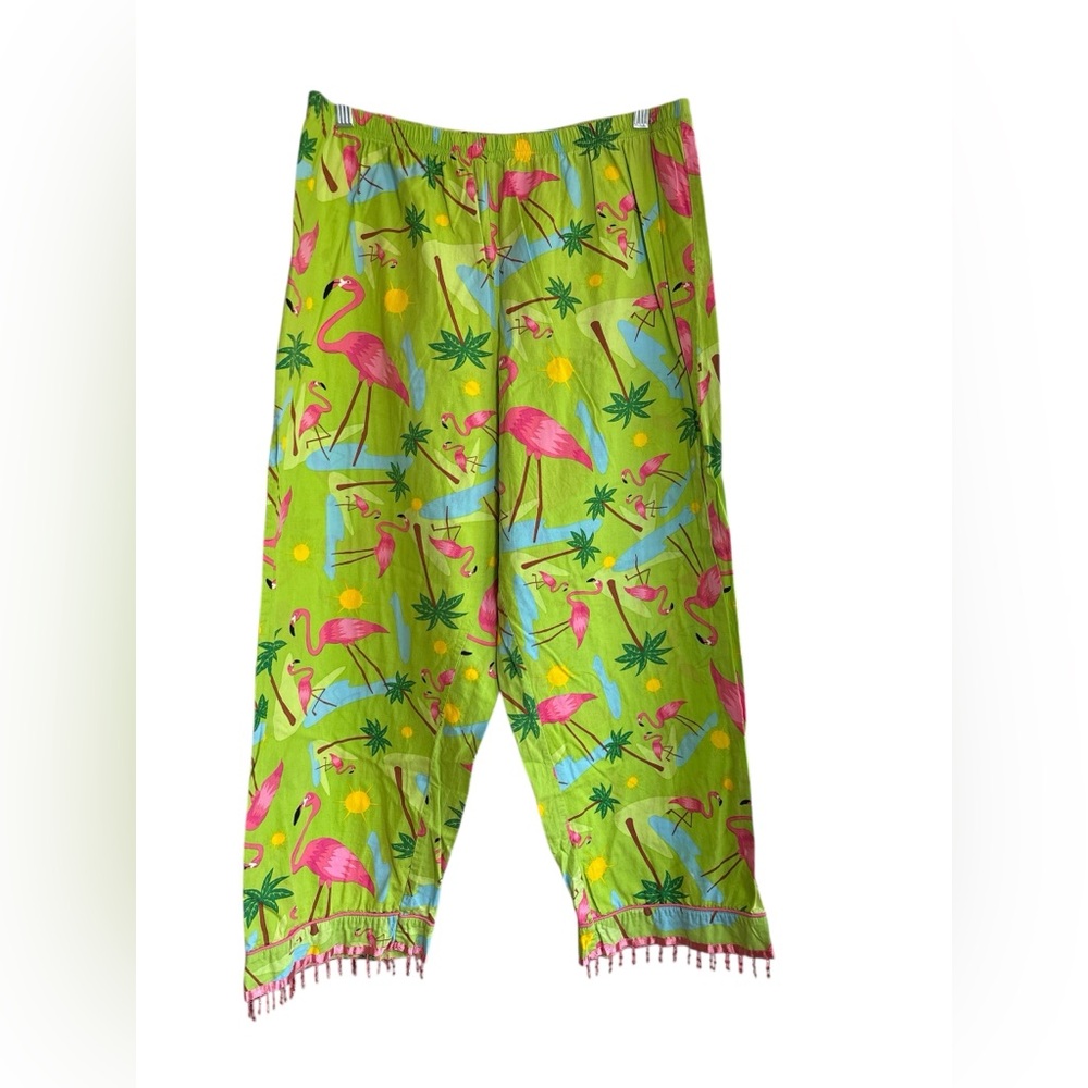 PajamaGram Flamingo Print Cotton Pants Tassel Hem. Size XL